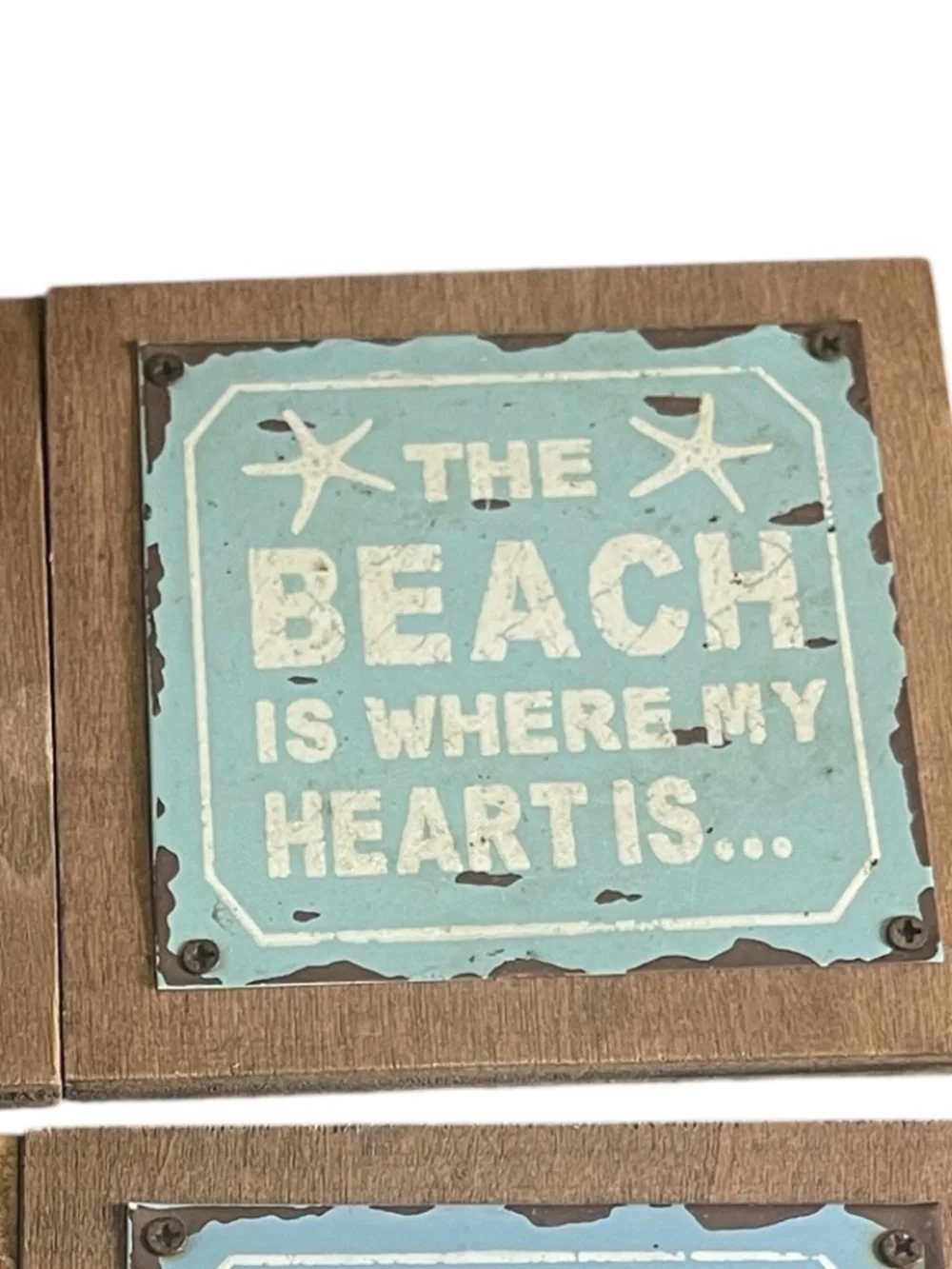 Beach Life Set of 4 Rustic Wood and Tin Coasters Sand Salt Sun Summer